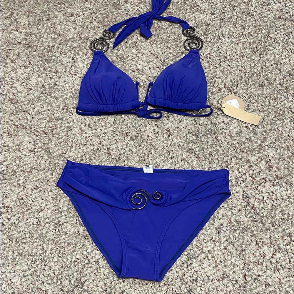 Purple Halter padded Bikini top with metal Swirl Accents-nwt